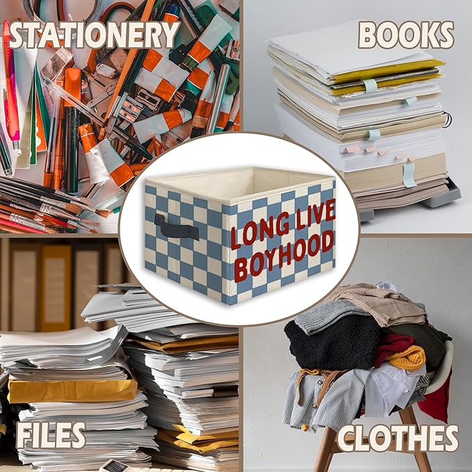 Long Live Boyhood Foldable Storage Bins Box with Handles, Retro Blue Checkered Collapsible Toys Books Clothes Organizer Basket for Kids Boys Nursery Bedroom Bathroom Dorm