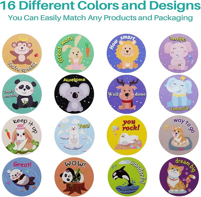 1000 pcs Animal Stickers for Kids,Cute Motivational Stickers for Kids Teachers Classroom School,16 Designs Reward Sticker (1 Inch / 2 Rolls)