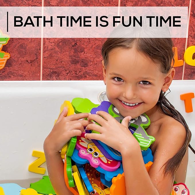 Bath Foam Alphabet Letters Toys - Non-Toxic Bathtub ABC Letters for Kids Toddlers - Premium Educational Floating Animals Puzzles with Toy Organizer for Baby Boys Girls - Set of 52 Pcs