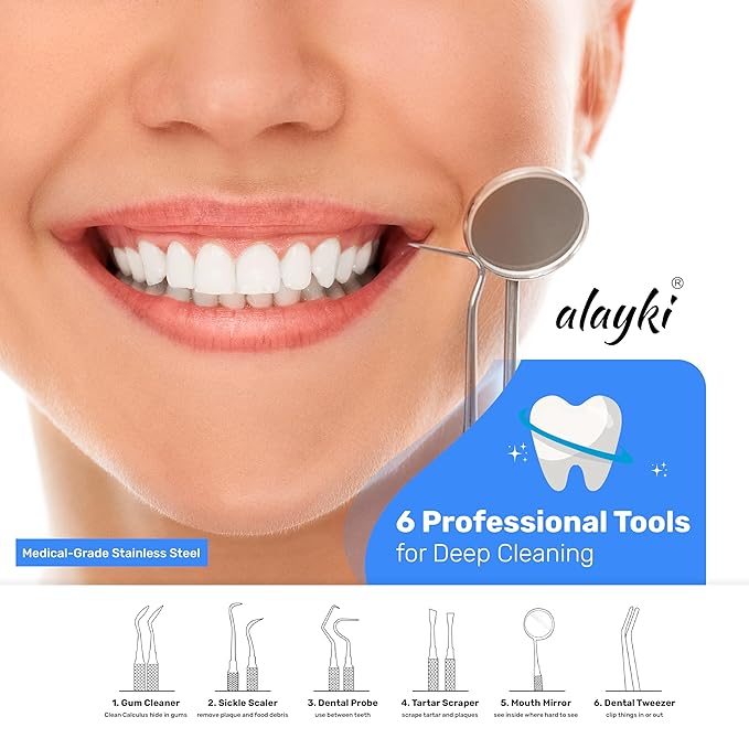 Stainless Steel Dental Kit - 6 Pack Dental Tools with Tooth Mirror, Dental Hygiene Kit for Adults, Kids, Dogs with Mirror, Picks, Travel Case (S)