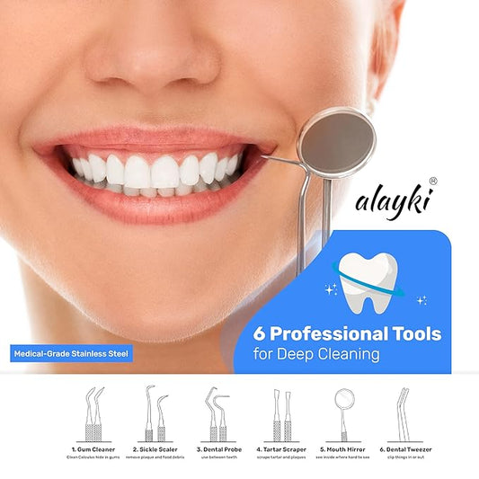 Stainless Steel Dental Kit - 6 Pack Dental Tools with Tooth Mirror, Dental Hygiene Kit for Adults, Kids, Dogs with Mirror, Picks, Travel Case (Blue)