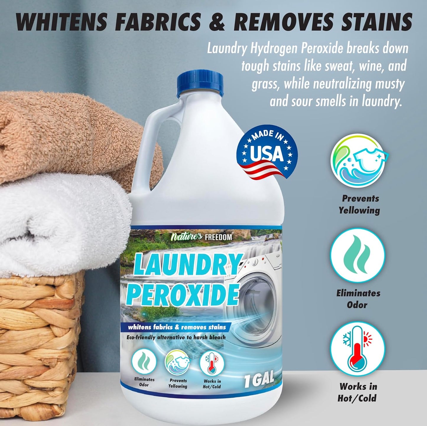 Nature's Freedom Laundry Peroxide, Chlorine-Free Whitening Solution, Stain and Odor Remover, 1 Gallon