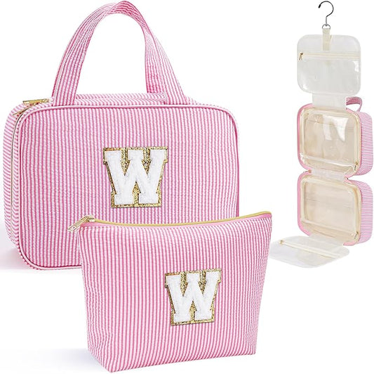 YOOLIFE Hanging Toiletry Bag for Women - Travel Toiletry Bag Makeup Bag, Portable Toiletries Cosmetic Bag, Airplane Travel Essentials - Letter W, Pink