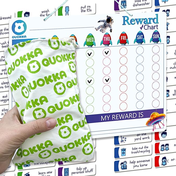 QUOKKA Magnetic Behavior Chore Chart for Kids at Home - Blue Reward Visual Schedule Chart - Dry and Erase Routine and Responsibility - Use 99 Magnets Markers Stickers - from Toddlers to Teens