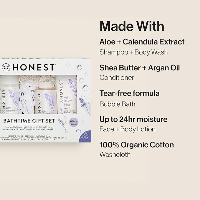 The Honest Company Calming Lavender Bathtime Gift Set Hypoallergenic Bath Essentials for Sensitive Baby Skin Shampoo and Body Wash Face Lotion Bubble Conditioner Cloth