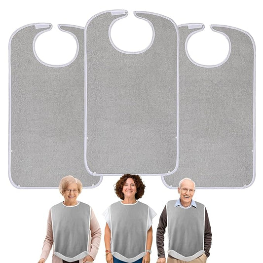 3 Pack Premium Unisex Adult Bibs for Elderly Women Men, Waterproof Bib for Eating, Adjustable and Washable (Grey)