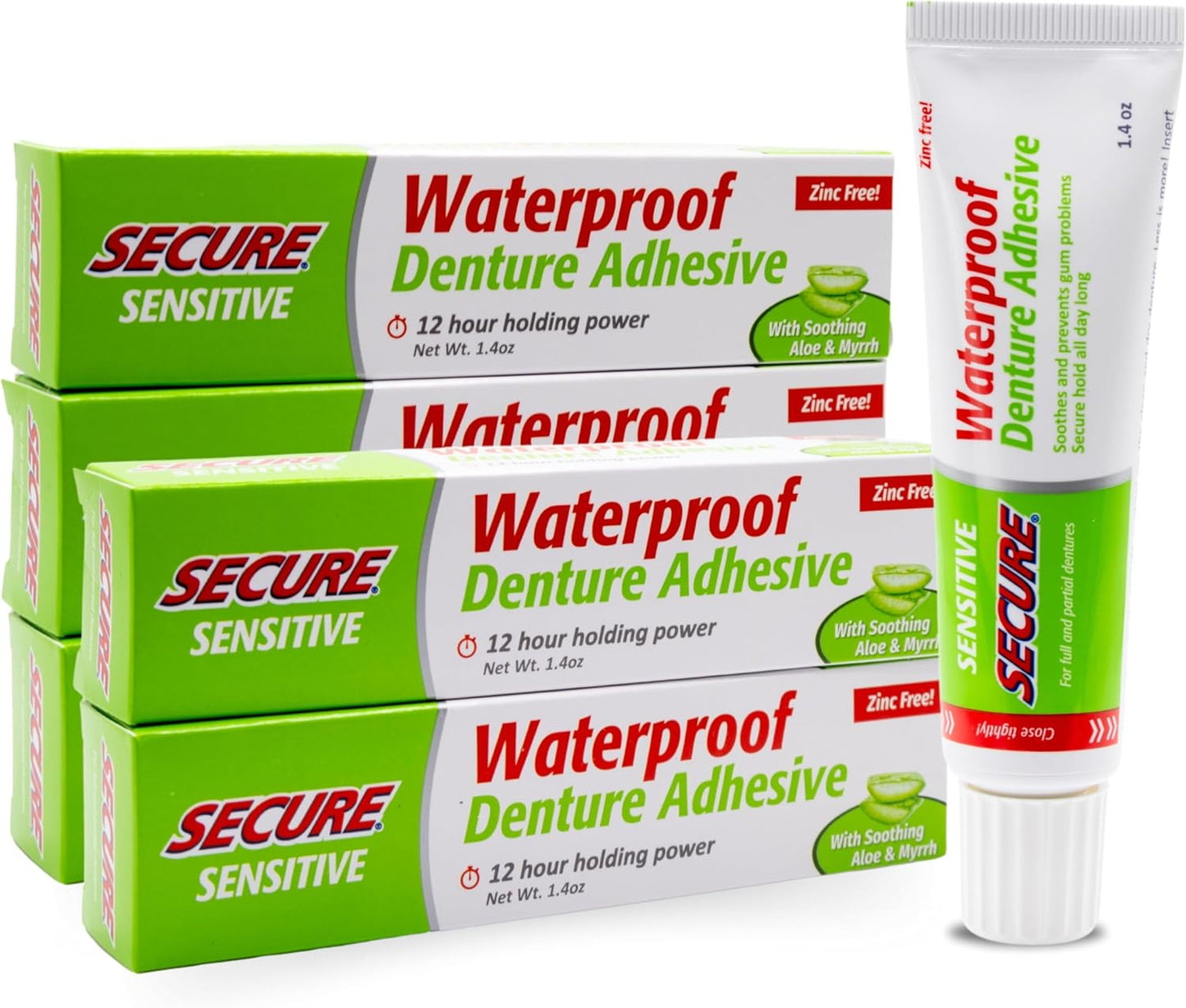 Secure Sensitive Denture Adhesive with Aloe Vera & Myrrh – 12-Hour Max Hold – Patented Waterproof Seal – for All Denture Types – Food Grade Ingredients – 1.4 oz