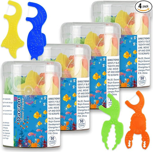 Kids Flossers, Kids Dental Floss Picks Without Fluoride, Unflavored, 4 Colors Ocean Animals Shaped Makes Flossing Fun, 50 Count (Pack of 4)