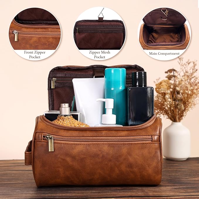 Toiletry Bag for Men, Hanging Travel Shaving Dopp Kit for Men and Women, Water-resistant Toiletries Organizer Bags, PU Leather Cosmetic Bags for Makeup Accessories (Light Brown)