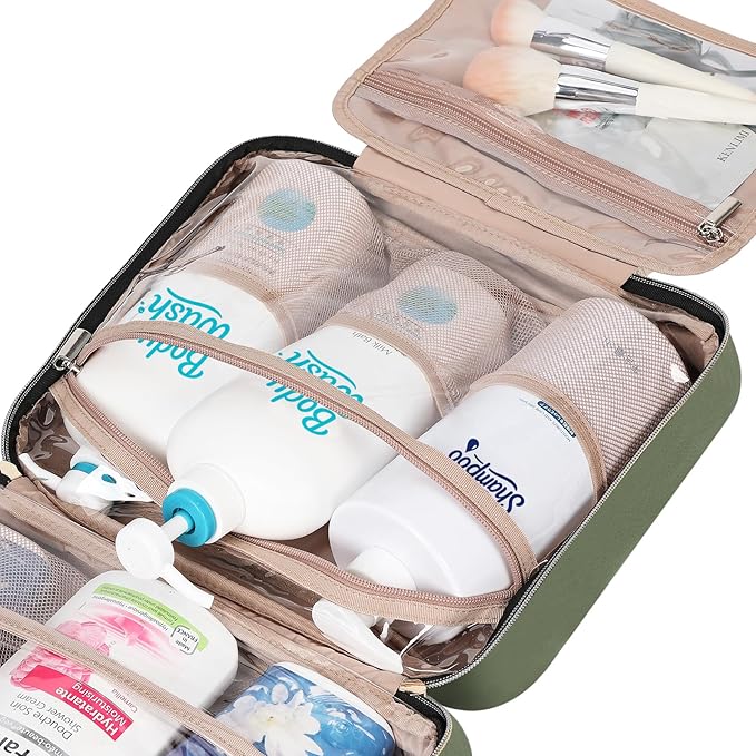 NISHEL Travel Toiletry Bag for women, Portable Hanging Organizer for Family-Sized Shampoo, Conditioner, Brushes Set, Makeup Accessories, Extra Large Size, Green