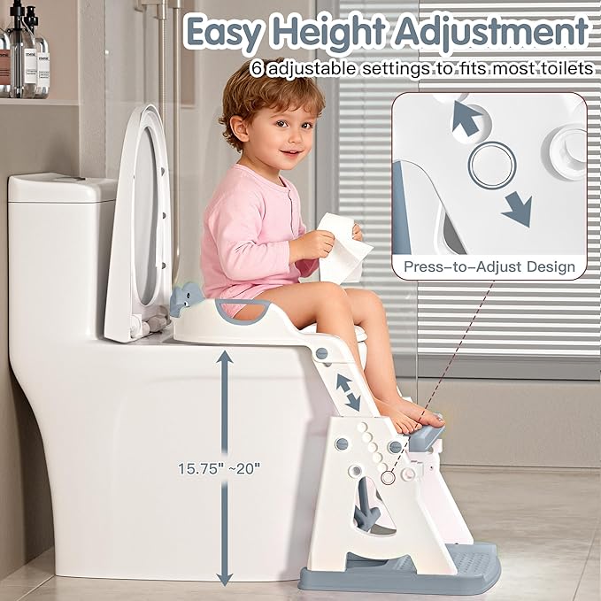 Potty Training Seat, 2 in 1 Potty Training Toilet with Step Stool for Boys Girls, Toddler Toilet Seat with Stabilizer Bar, Anti-Slip Pads and Splash Guard, Grey