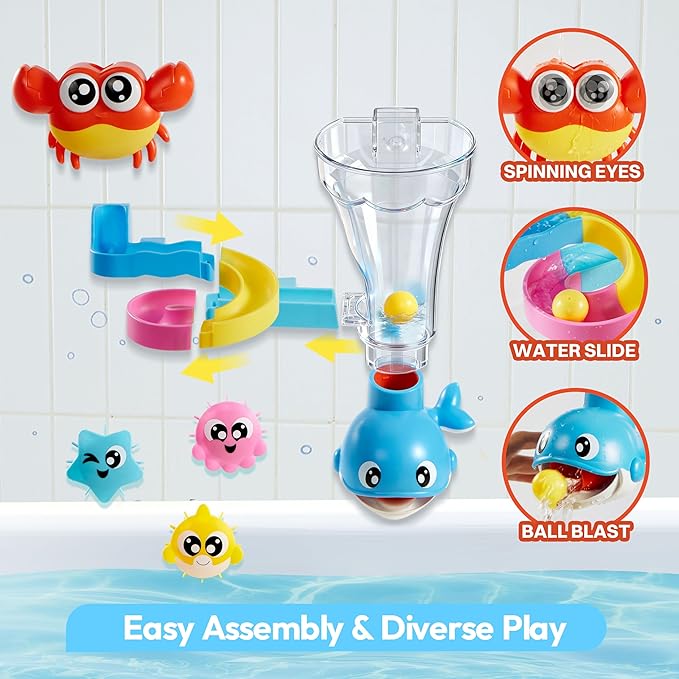 lalalark Bath Toys for Kids, 7-in-1 Shower Bathtub Toy with Crab, Whale, Rotating Fish & Slide Track, Interactive Water Play Set with Pour & Spray Fun for Toddlers, Boys & Girls Gifts for Christmas