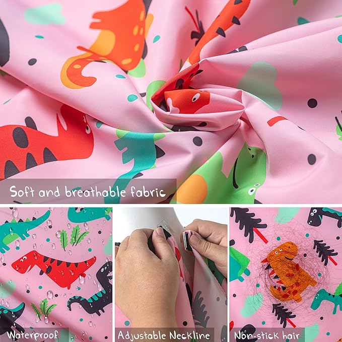 Gealaek Kids Haircut Cape and Comb Set Professional Barber Haircombs and Girls Dinosaur Hairdresser Apron with Adjustable Closure 55x40 Inches Salon Kit (Pink)