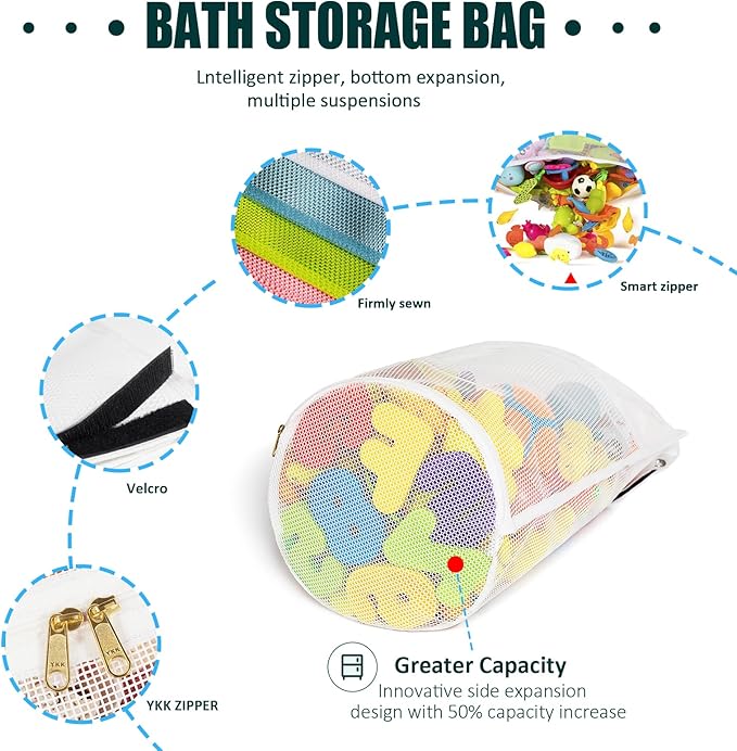Large Capacity Baby Mesh Bath Toy Organizer, Multiple Ways to Hang, Extra Large Opening Bathroom Toy Storage, Bottom Zipper Bathtub Toy Storage Bag, Baby Shower Games bath Tub Accessory (White)