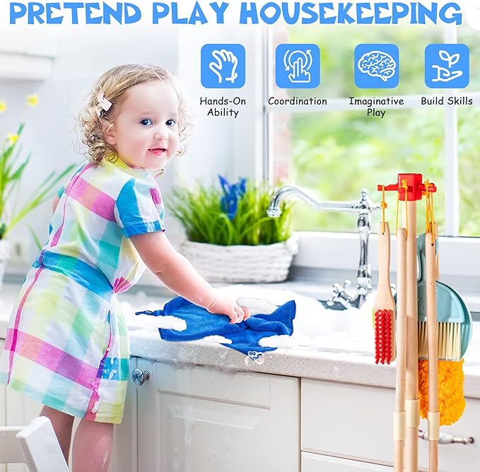 Wooden Kids Cleaning Set for Toddlers,8 Pieces Montessori Cleaning Toys with Kids Broom and Mop Set, Housework Pretend Play Toy Gift for Boys Girls Ages 3+