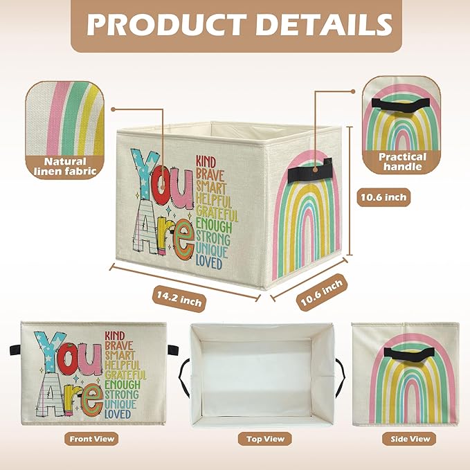 Boho Rainbow Inspirational Storage Bins, Positive Affirmation Gifts for Kids Collapsible Storage Box Laundry Basket with Handle for Home Bedroom Bathroom Playroom Clothes Toys Books