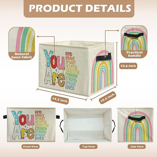 Boho Rainbow Inspirational Storage Bins, Positive Affirmation Gifts for Kids Collapsible Storage Box Laundry Basket with Handle for Home Bedroom Bathroom Playroom Clothes Toys Books