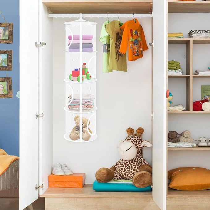 Libeder Stuffed Animal Storage, Mesh Hanging Storage Space Saver Bags Organizer,Foldable Storage Organizer 4 Compartments Toy Storage Basket for Kids Room Bathroom