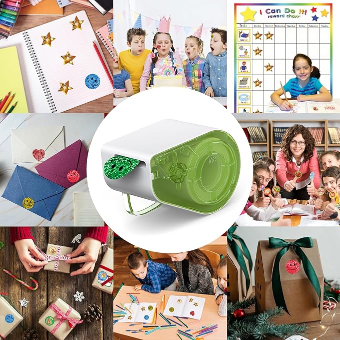 Manual Sticker Dispenser for Rolls of Stickers with 1520Pcs 1Inch Gold Star,Red Heart,Smiley Face Stickers for Kids Reward,Behavior Chart,School Classroom Student Teacher Supplies Gifts(Green)