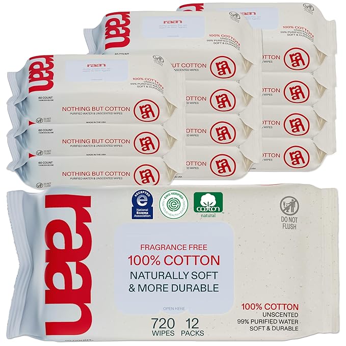 Raan, 100% Cotton Baby & Toddler Wipes, Unbleached, 99% Purified Water, Unscented, EWG verified, Made for Sensitive Skin, Extra Soft and Durable, 12 pack, 720 Count