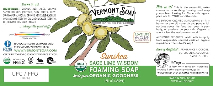 VERMONT SOAP Organic Sage Lime Wisdom Foaming Hand Soap - Natural Moisturizing Soap for Dry Skin - Fragrance Free Liquid Bathroom Hand Soap Dispenser - Sage Lime Wisdom - 12 oz