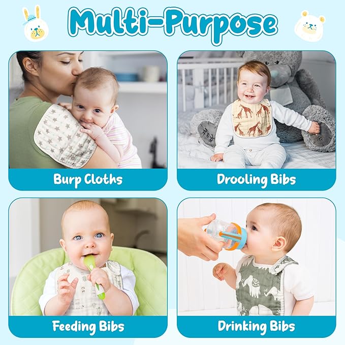 Zainpe 6Pcs Snap Muslin Cotton Baby Bibs Bear Fox Infants Drooling Bib Soft Absorbent Adjustable Burp Cloth Machine Washable Feeding Cloths for Newborn Girl Boy Toddler Teething Eating 0 to 36 Months