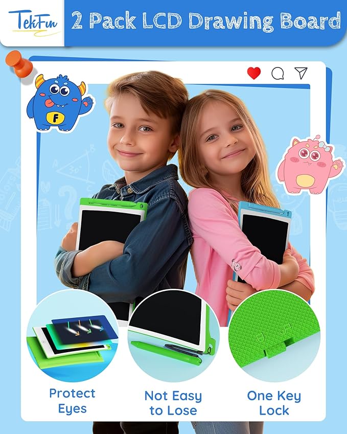 TEKFUN Toys for Kids, 10in 2 Pcs LCD Writing Tablet, Erasable Doodle Board Reusable Drawing Pad for Boys with Anti-Lost Stylus, Car Trip Blue Toys Christmas Birthday Gift for Ages 3 4 5 6 7