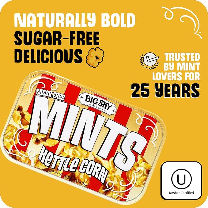 Big Sky Sugar Free Mints Kettlecorn| Sugarfree, No Artificial Colors or Flavors | Kosher Certified, Vegan, Gluten Free | Aspartame & Xylitol Free | 50 Count Tin (Pack of 6)