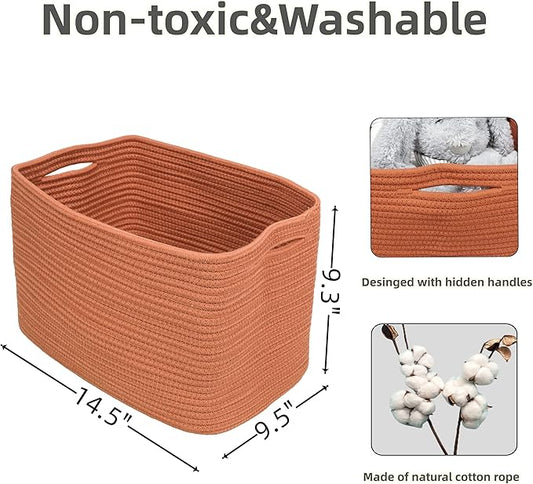 Cotton Rope storage Basket Bins Woven Basket for Organizing Shelves 14.5X9.5X9.3" Rectangle Decorative Baskets For storage Clothes Toys Books Towels Nursery basket organizer 3 pack Rust