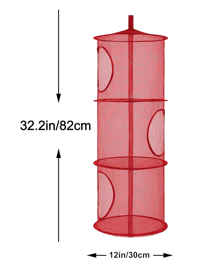 Libeder Stuffed Animal Storage Mesh Hanging Storage Space Saver Bags Organizer,Foldable Storage Organizer 3 Compartments Toy Net Storage Basket for Kids Room Bathroom 2 Sets Red