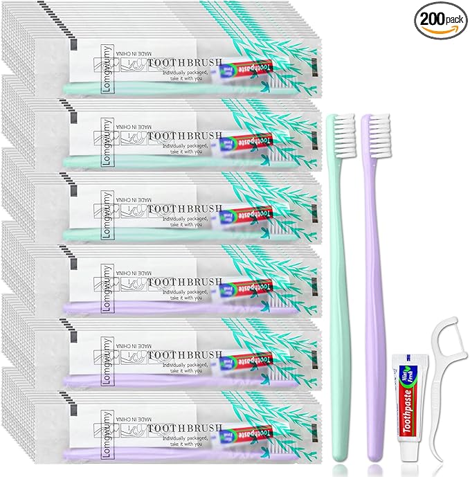 Disposable Toothbrushes, Toothbrush and Toothpaste, Toothbrush and Toothpaste Travel, Comes with Floss Picks, Individually Packaged, 2 Colors, Suitable for Hotel, Home, Camping, Travel (PACK-200)