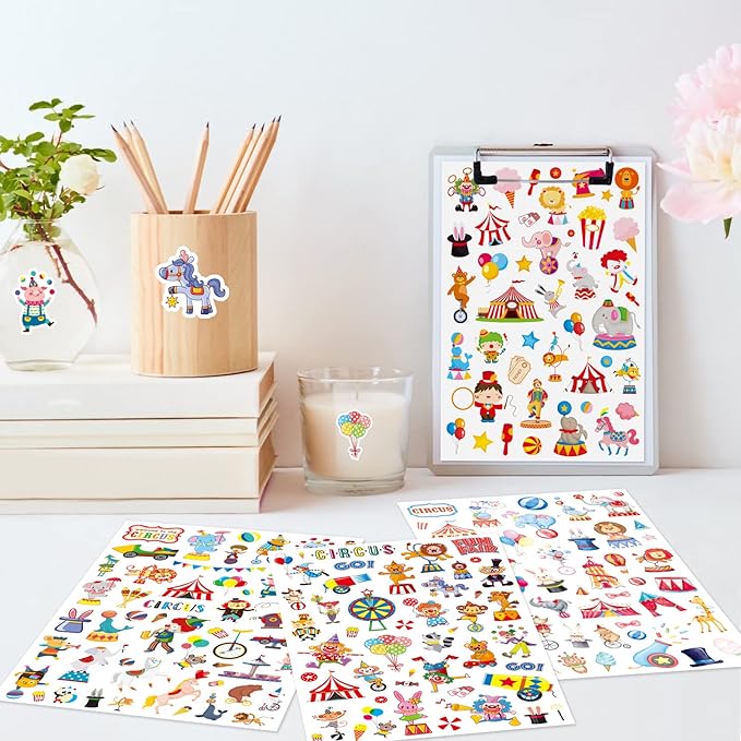 Cute Carnival Circus Stickers 820 Count Party Goodie Gifts Bags Decor Red White Elephant Clown Adhesive Stickers for Kids Girls Boys Birthday Invitations Art Craft Decor School Game Class Rewards
