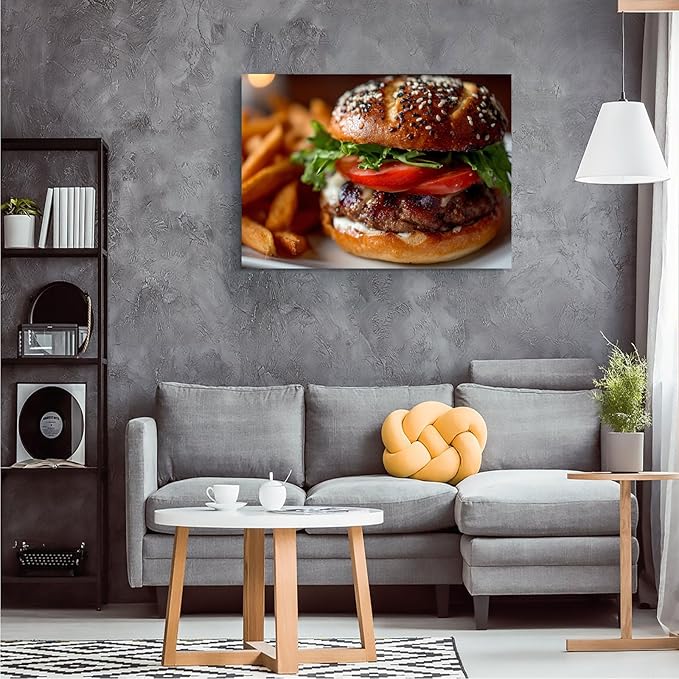 SchindlerBang Kitchen Wall Art Decor,Delicious Gourmet Burger Canvas Print,Modern Food Art for Dining Rooms,Restaurants,or Home Kitchens,Appetizing Style,8x12inch Ready to Hang