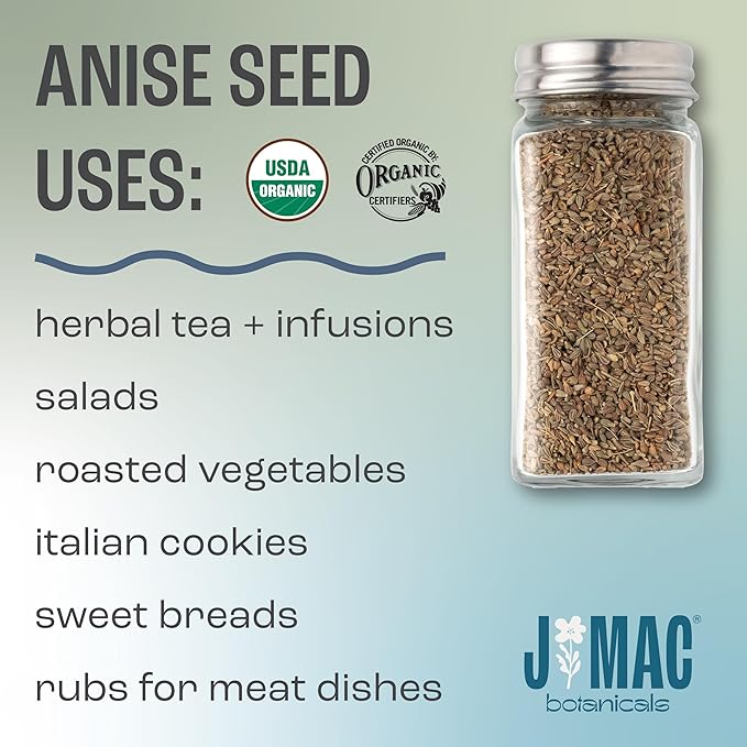 J Mac Botanicals Organic Anise Seeds (16 oz) whole seeds, aniseed, anisecookies, anisetea, aniseseed powder, aniseseeds for baking, Certified Organic.