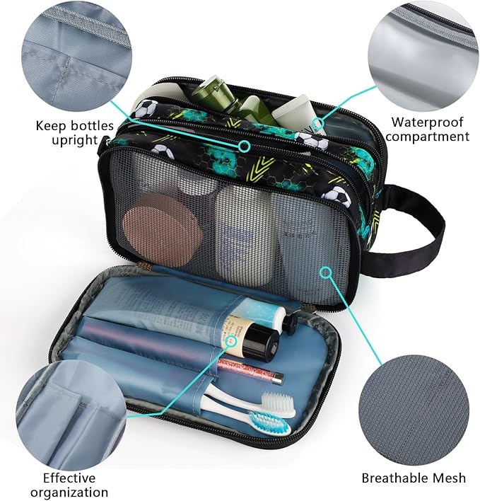 Kids Toiletry Bag for Boys, Travel Toiletry Bag for Little Young Boys Waterproof Hanging Wash Bag Toddler Traveling Toiletries, Soccer Balls Black