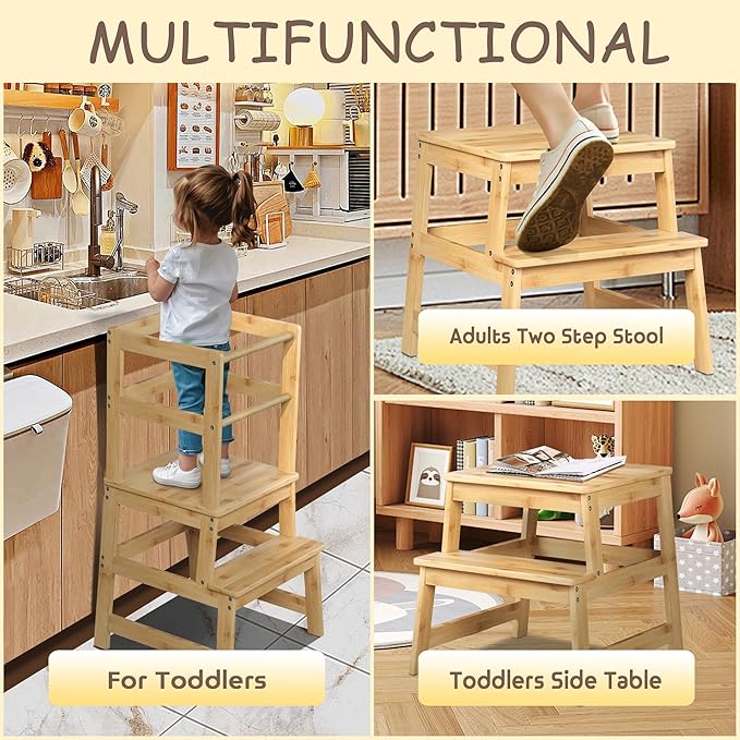 Kitchen Step Stool for Toddlers with Safety Rail, Wooden Toddler Standing Tower Kids Montessori Learning Stool Helper with A Anti-tip Structure for Kitchen Bathroom, Anti-Slip, Natural