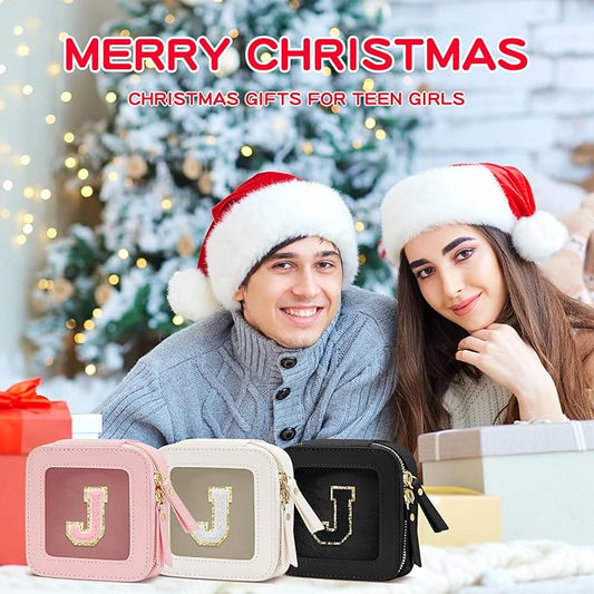 Initial Travel Toiletry Bag - Cosmetic Bags for Girls with Zipper, Clear & Potable Girls Makeup Bag for Travel, Small Cosmetic Pouch Perfect Gifts for Graduation (Beige, J)