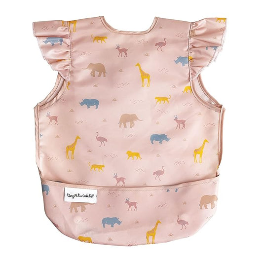 Tiny Twinkle Mess Proof Baby Bib for Girls | Waterproof Toddler Bib for Eating | Baby Apron for Feeding | Machine Washable | Perfect Shower Gift (Petite Safari, 6–24M)