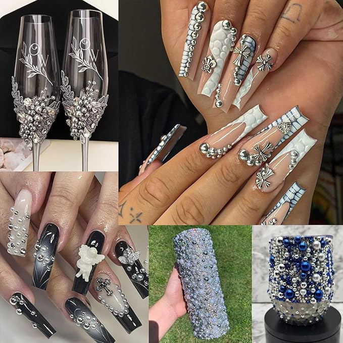 Nail Art Flat Back Half Round Pearl Kits, Mixed Sizes 6000 Pcs with B7000 Jewelry Glue Silver Small Pearls for Nails with Picking Tools for Graduation Cap Decorations Home DIY Body Face Craft Use