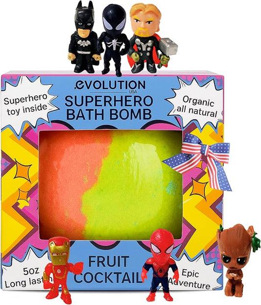 EvolutionUSA 1pc Epic Superhero Bath Bombs for Kids, Super Hero Bath Bomb with Toy Inside, Lush Children Bathbomb, Organic Bathbomb with Surprise Inside, Fizzy Fun Superhero Bath Ball Bath Toy
