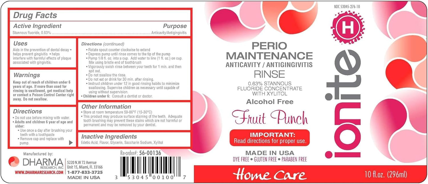 Ionite-H Home Care 0.63% Stannous Fluoride Perio Maintenance Rinse Mouthwash - with Mixing Cup/Shaker and Dispensing Pump (10 Fl oz, FruitPunch)
