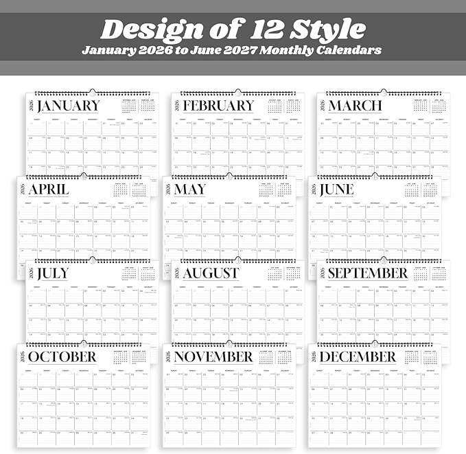 2026 Calendar, Wall Calendar 2026-2027, 18 Month Calendar January 2026 - June 2027, 14.8" X 11.5", Calendar with Twin-Wire Binding, Hanging Hook and Julian Dates (White)