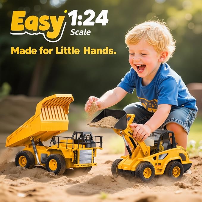 Ruko 1560 Construction Toy Set, Remote Control Dump Truck and Front Loader, 9 Channel RC Vehicles with Realistic Lights for Outdoor Sandbox Play, Gifts for Kids