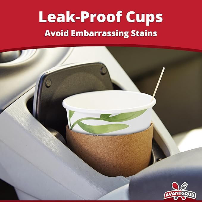 Recyclable Biodegradable Hot Drink Cups 12 Oz 100 Pk of Compostable Paper Mugs, Wood Stirrers and Cardboard Coffee Sleeves. Bulk 12oz Beverage Supplies Set Perfect for Eco Friendly Business or Cafe.