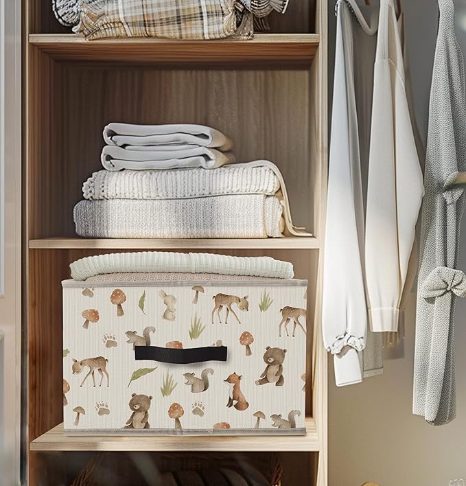 Nogrit Woodland Nursery Storage Bins Box, Toybox for Boys Girls, Forest Animal Mushroom Foldable Baskets Organizer Container with Handles for Bedroom Bathroom Kids Nursery Clothes Toys Books