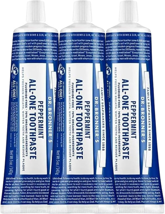 Dr. Bronner’s All-One Toothpaste Pack of 3– Peppermint, 5 oz– Fluoride-Free Toothpaste for Adults, SLS-Free, 70% Organic & Natural Ingredients, Vegan, Helps Freshen Breath & Reduce Plaque