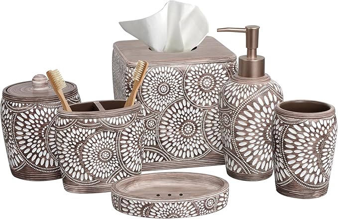 6-Piece Bathroom Accessories Set – Soap Dispenser, Toothbrush Holder, Tumbler, Soap Dish, Cotton Swab Jar & Toilet Brush – Modern Bathroom Decor Set (Ciccone)