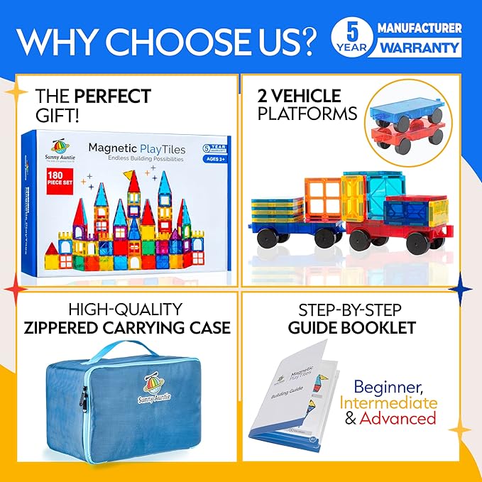 Magnetic Tiles 180 PCS+ Bonus Zippered CASE, Magnetic Tiles for Kids Toy for 3 4 5 6 7 8 Year Old Boys & Girls, Great Gift for Kids Aged 3-8, XL Set