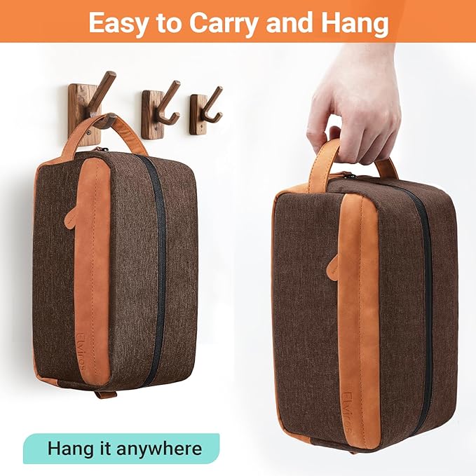 Elviros Travel Toiletry Bag for Men, Hanging Dopp Kit and Shaving Pouch, Waterproof PU Leather Mens Toiletry Travel Bag, Brown