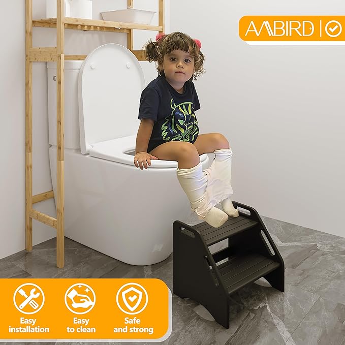 AMBIRD Wooden Step Stool, Two Step Stools 300 lbs Capacity with Safety Non-Slip Pads and Handles, Bamboo Step Stool for Bathroom, Kitchen Dual Height Step Stools for Adults (Black)